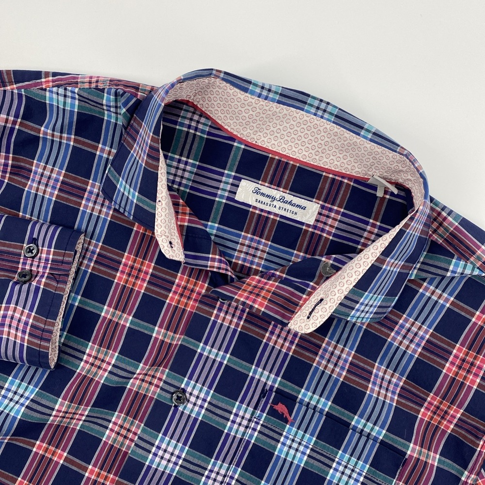 Tommy Bahama Shirt Mens Large Blue Purple Plaid Sarasota Stretch Performance